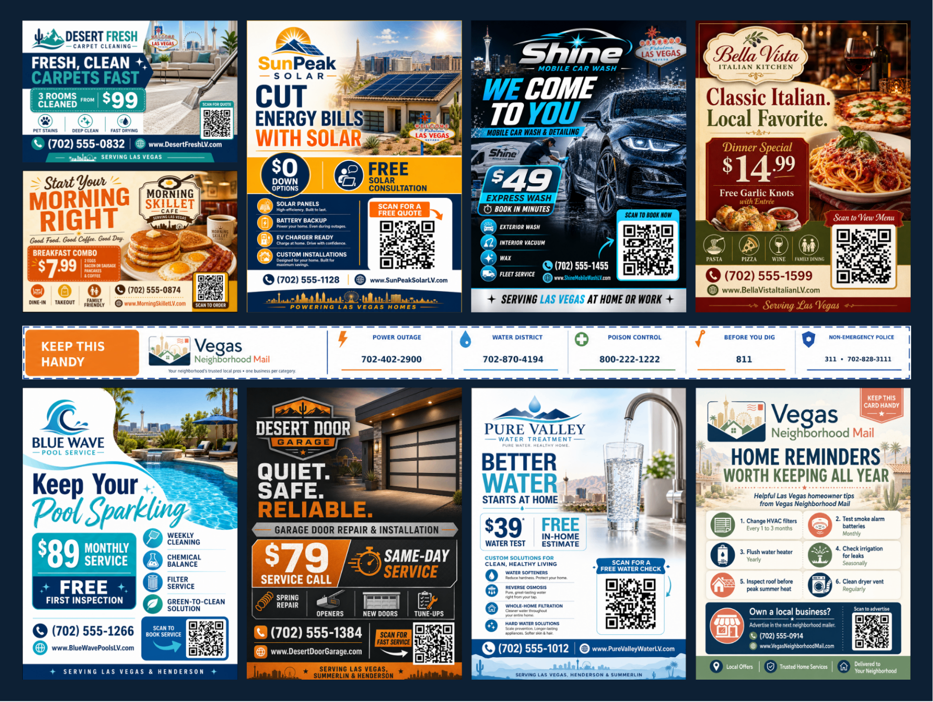 Front of a real printed 9×12 Vegas Neighborhood Mail shared postcard with local Las Vegas business ads